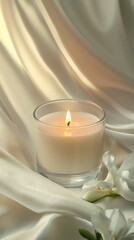 Candle with white flowers on silky fabric