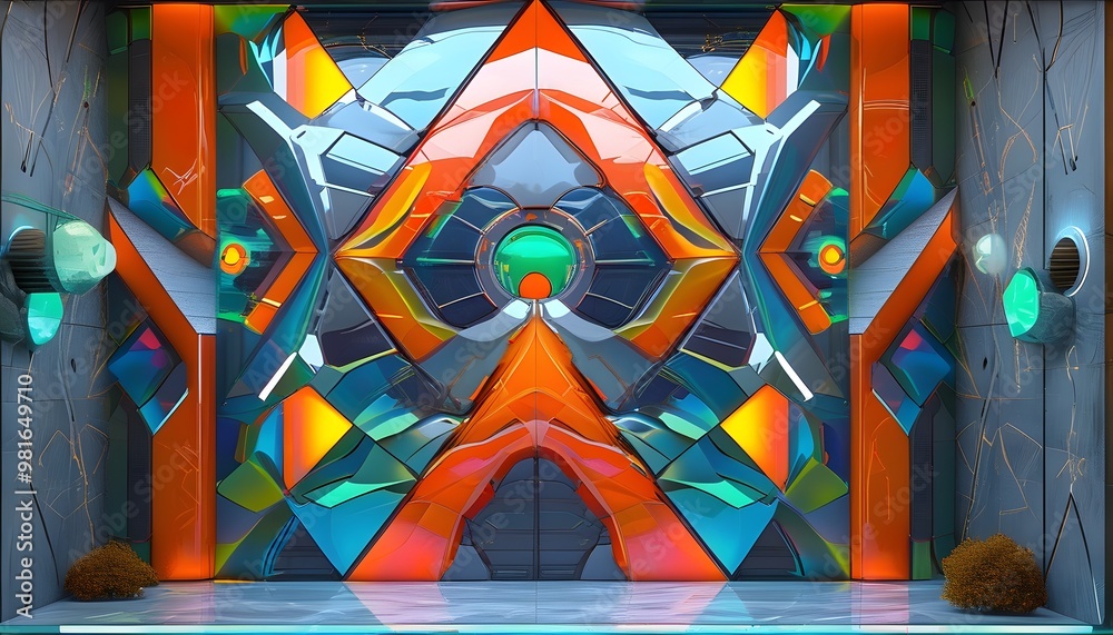 Wall mural futuristic geometric patterns radiating a shimmering holographic sheen