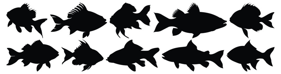 Fish silhouettes set, aquatic pack of vector silhouette design, isolated background