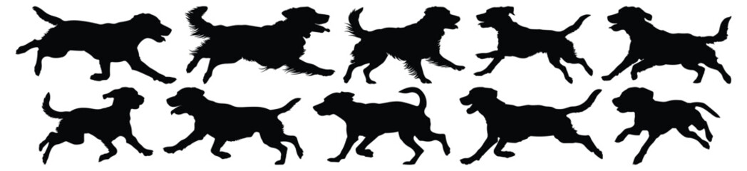 Running dog silhouettes set, dog pack of vector silhouette design, isolated background