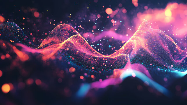 Energetic music themed abstract background with colorful particles lines and plexus effect digital art. Energetic. Illustration