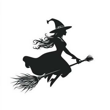 Classic flat design of a black witch flying on a broomstick, drawn in simple black lines, isolated on a white background.