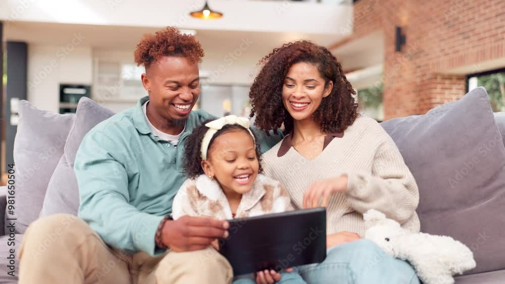 Sticker happy, black family and love with tablet on sofa for video call, bonding and online communication in