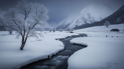 Winter in the country with heavy snow