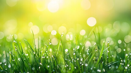 Obraz premium Dew-Covered Blades of Grass in Sunlight