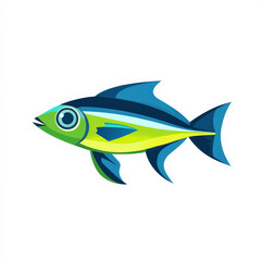 Obraz premium Flat illustration of a swimming fish, rendered in bold blue and green colors with simple shapes, on a white background.