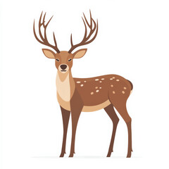 Fototapeta premium Flat illustration of a standing deer with clean brown tones and minimalistic antlers, isolated on white.
