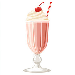Flat illustration of a milkshake with whipped cream and a cherry on top, in a clean, colorful style, isolated on a white background.