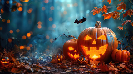 Naklejka premium Jack-o'-lanterns surrounded by colorful fall foliage and bokeh lights