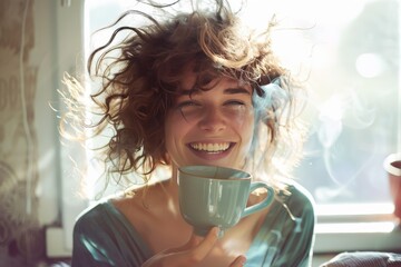 A woman with curly hair is holding a cup of coffee and smiling, generative ai