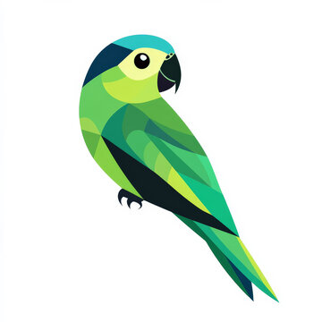 Flat design of a parrotlet bird perched, featuring clean shapes in bold green and blue tones, isolated on white.