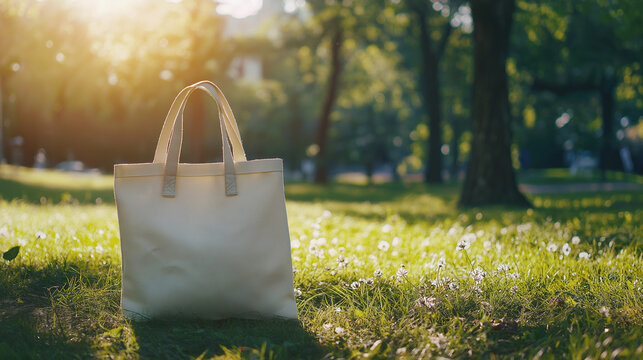Tote bag mockup concept image with a blank tote bag sitting outside in a park on sunny day for the large sturdy cloth unfastened bag with parallel handles with copy space