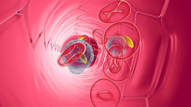 3D animation of the anatomical interior of an artery or vein with the movement of the blood components. Red blood cells, leukocytes and platelets. Circulation seen from the front. 