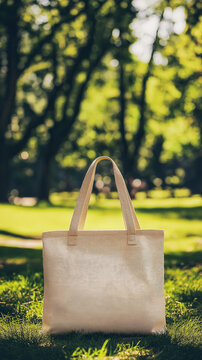 Tote bag mockup concept image with a blank tote bag sitting outside in a park on sunny day for the large sturdy cloth unfastened bag with parallel handles with copy space