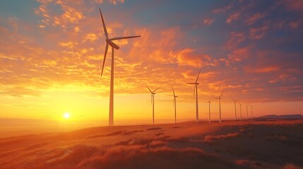 Obraz premium A beautiful sunset over wind turbines in the desert