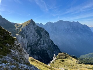 Alpine valleys around Mangart peak in the Julian Alps, Strmec na Predelu (Triglav National Park,...