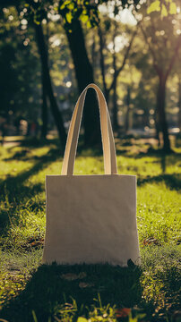 Tote bag mockup concept image with a blank tote bag sitting outside in a park on sunny day for the large sturdy cloth unfastened bag with parallel handles with copy space