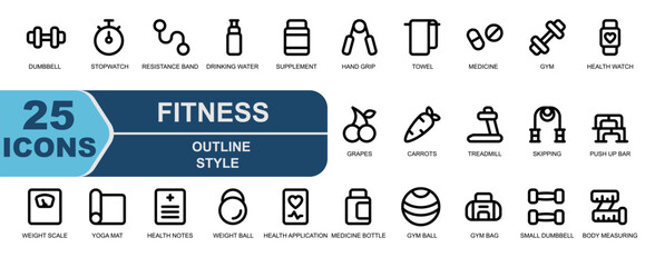 fitness icon set.simple outline style.contains handgrip,towel,swab,medicine,gym,health monitor,health watch,smart watch,weight scale,diet,mattress,yoga mat.vector illustration for ui.
