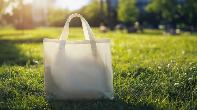 Tote bag mockup concept image with a blank tote bag sitting outside in a park on sunny day for the large sturdy cloth unfastened bag with parallel handles with copy space