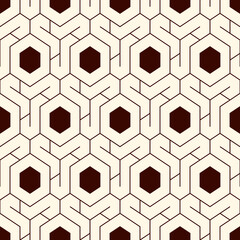 Honeycomb seamless pattern. Hexagon mosaic tiles ornament. Ethnic surface print. Repeated geometric figures background. Ornamental wallpaper. Modern geo design digital paper. Vector abstract work.