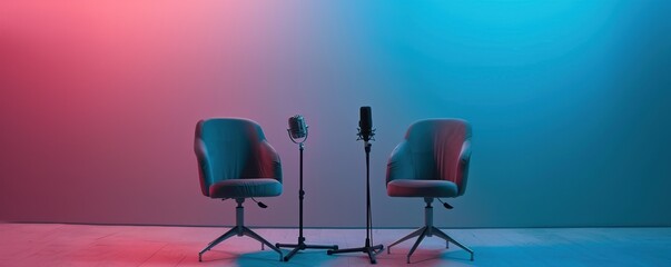 two chairs and microphone in studio room for podcast