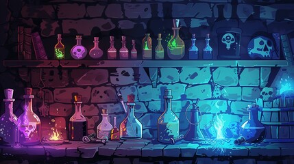 Fototapeta premium A Collection of Mystical Potions and Skulls on a Stone Shelf
