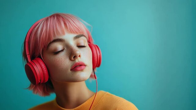Young woman with pink hair and headphones looking up, listening to music, modern style, colorful portrait, expressive mood, youth culture, trendy fashion, vibrant background