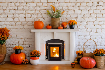 Decoración de otoño con calabazas y flores alrededor de una chimenea