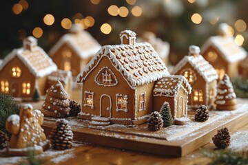 Christmas gingerbread houses on wooden table with bokeh background.. Pastries in the form of houses. Festive scene with holiday pastries. Christmas and New Year background.
