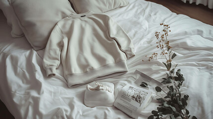 White sweatshirt, white sneakers and a sprig of greenery on a white bed.