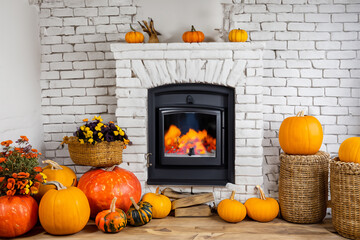 Decoración de otoño con calabazas y flores alrededor de una chimenea, para octubre y acción de gracias