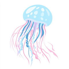 Flat design of a swimming jellyfish, drawn in soft blue and pink tones with clean lines, on a white background.