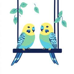Obraz premium Flat illustration of a pair of budgies perched on a swing, featuring bold blue and green tones, on a white background.