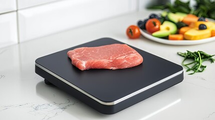 A fresh cut of meat on a kitchen scale surrounded by colorful fruits and vegetables, emphasizing food preparation and healthy eating.