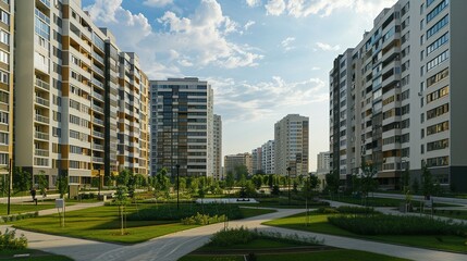 Modern apartment buildings with a green space in between