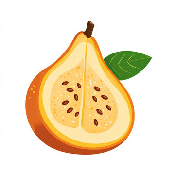 Flat illustration of a sliced sapodilla with visible seeds, rendered with simple shapes and vibrant colors, on a white background.