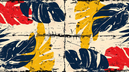 Fototapeta premium A vibrant display of tropical leaves in red, yellow, and blue arranged against a textured light background creates a lively and artistic atmosphere, perfect for decor or design inspiration.