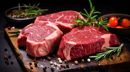 Three raw beef steaks with rosemary sprigs on a wooden cutting board. The steaks are surrounded by peppercorns and salt.