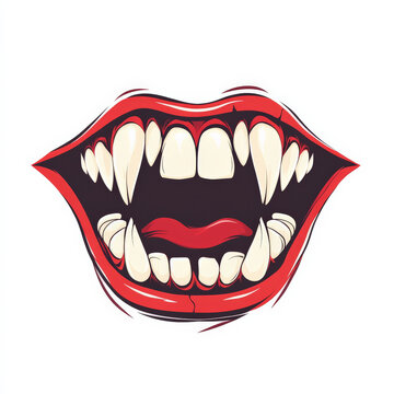 A flat design of a classic vampire fang mouth, showing sharp teeth, drawn in red and white tones, centered on a white background.