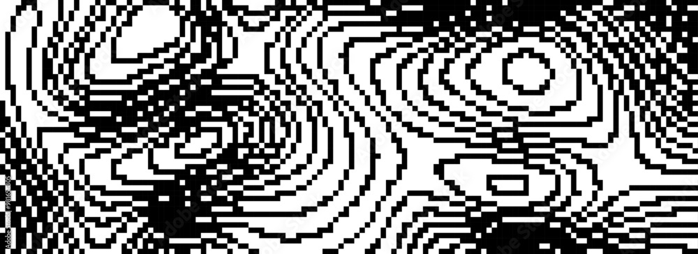 Poster Black dithered wavy curved line background. 8 bit pixel glitch texture. Rasterized stripe overlay wallpaper. Chaotic digitalize distorted backdrop for banner, poster, flyer, brochure, booklet. Vector