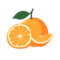 Flat design of a whole orange with a slice beside it, rendered in bold, vibrant colors, on a white background.