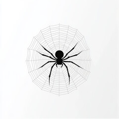 Obraz premium Classic flat-designed spider crawling on a web, rendered in simple black tones, centered on a white background for a minimalist Halloween look.