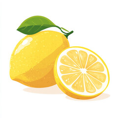 Flat design of a whole lemon with a slice beside it, drawn with simple shading and vibrant yellow color, isolated on white.