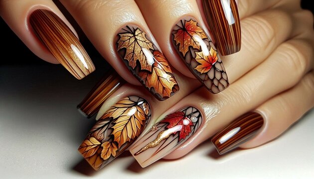 A close-up of a hand with detailed autumn-themed nail art, featuring leaves and glitter accents.

