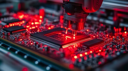 Close-up of a robotic arm performing high-precision soldering on a microchip circuit board, illuminated by vibrant red lighting.