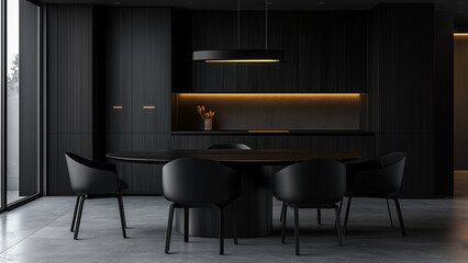 Bold Elegance: Modern Dining Space with Black Wooden Table and Chairs