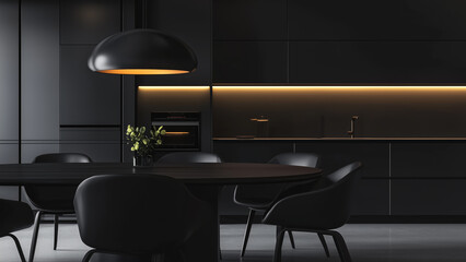 Edgy Sophistication: Oval Black Table and Chairs in a Dramatic Dining Room