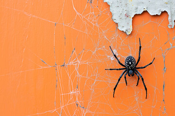 Black Spider on an Old Orange Wall with Spider Webs for Halloween Theme