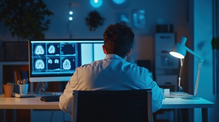 Doctor completely burned out after hours of work, falls asleep on his desk surrounded by papers and a laptop.
