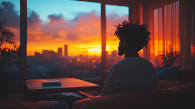 person black man sitting in front of a window, observing and contemplating the sunset or sunrise, reflecting on his future and personal growth